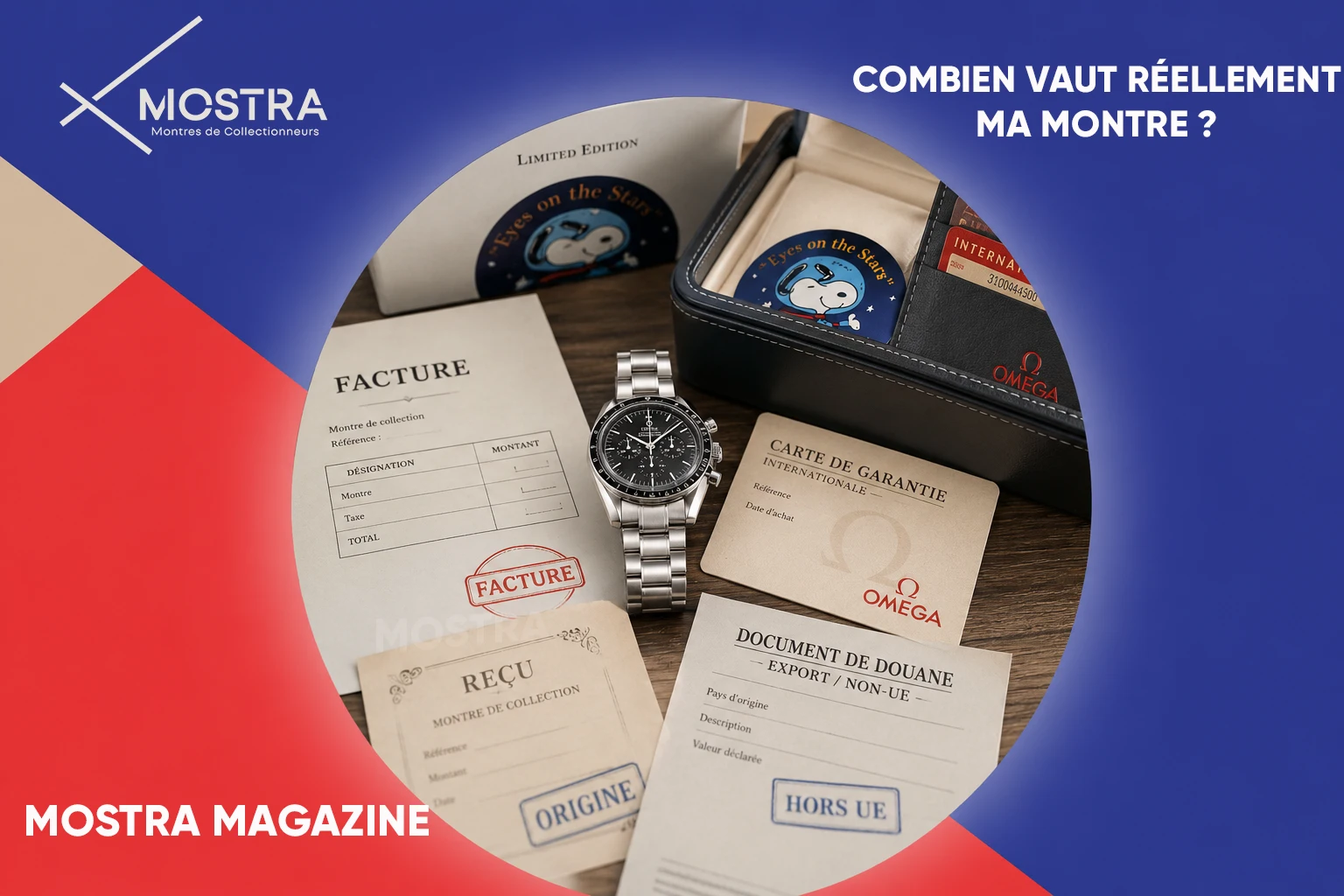 Facture d’achat, papiers et documents fiscaux accompagnant une montre de collection d’occasion